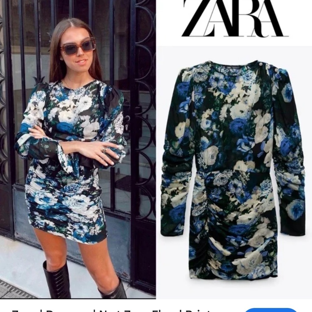 Zara Floral Print Dress white black blue size small